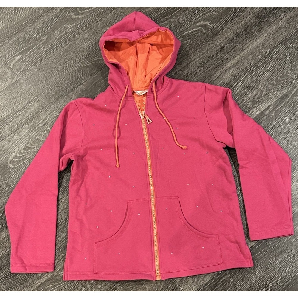 Quacker Factory Jacket Womens Medium Hooded Pink Orange Zip Up Bling Hoodie